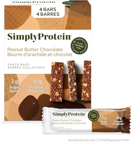 Simply Protein - Peanut Butter Chocolate Crispy Bars - Plant Based Protein Bars - Low Carb. Low Sugar. High Fibre - 12g Protein. 2g Sugar. 7g Fibre - Vegan. Gluten Free. Non GMO. Kosher - 4 Bars